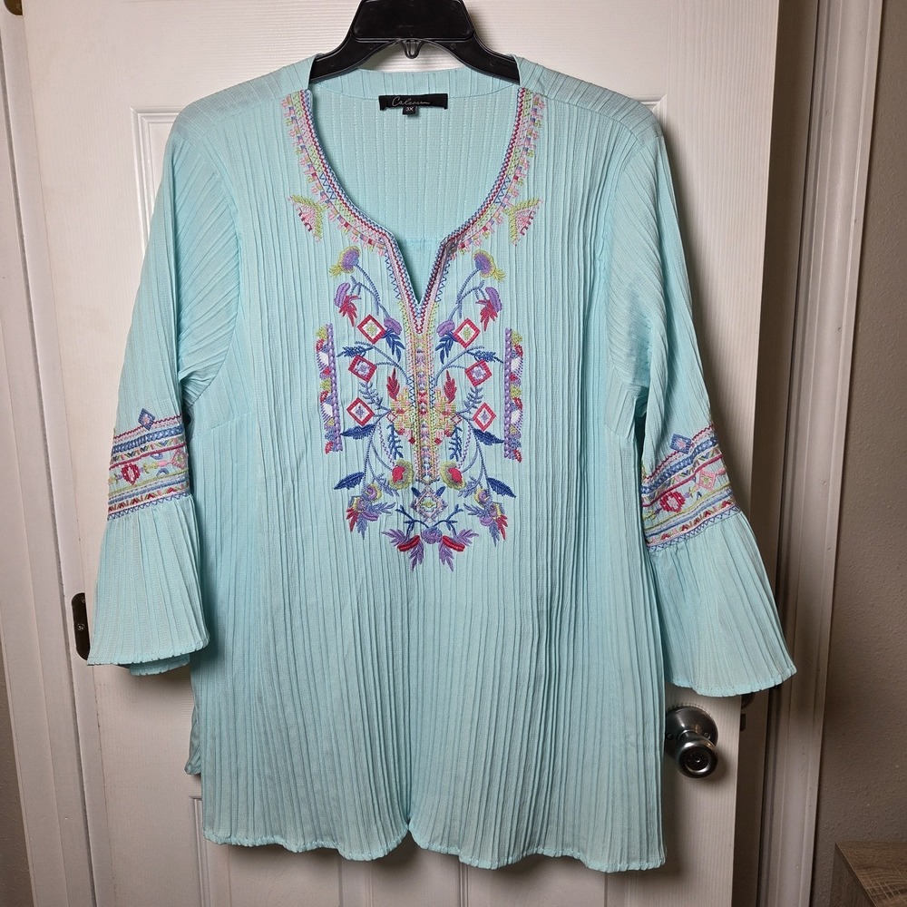 Calessa sz 3X floral embroidered blue tunic top boho peasant casual art to wear